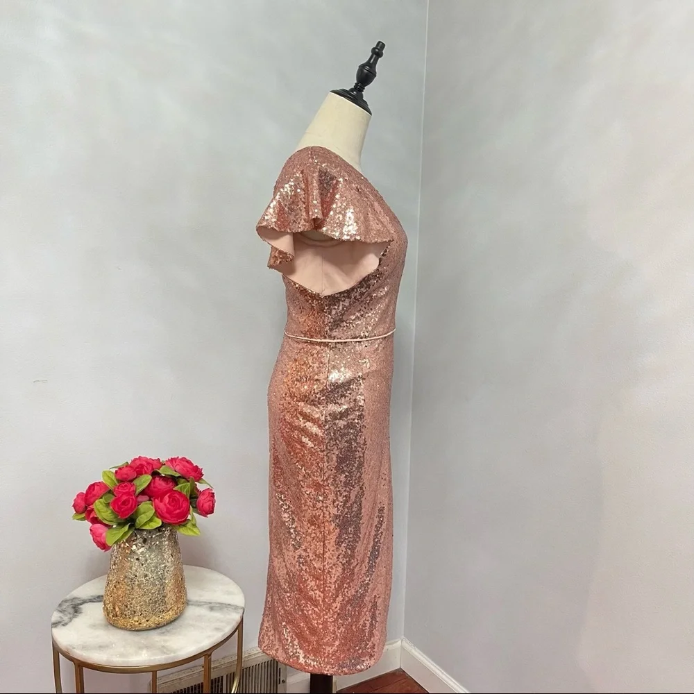 # Mac Duggal Rose Gold Sequins One Shoulder Ruffle Mini Dress / Gown New W/ Tag - Picture 14 of 17